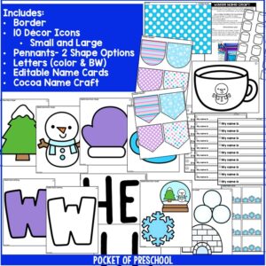 Create a cute WINTER bulletin board for your preschool, pre-k, kindergarten, or first-grade classroom! It's the perfect to display what students are learning in the hallway, door, or classroom bulletin board.