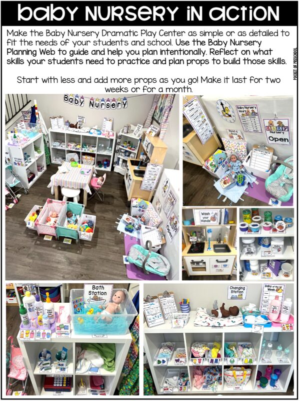 Baby Nursery Dramatic Play is a fun theme you can do in your pretend or dramatic play center for a family theme, all about me theme, or if your class loves pretend play with baby dolls!