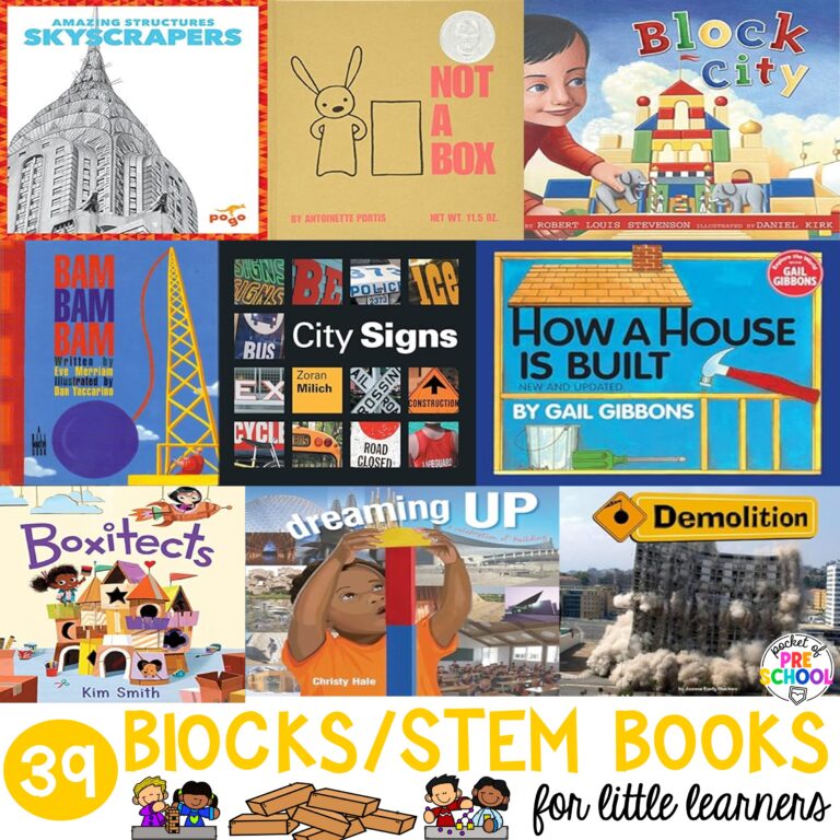 Books for the blocks/STEM center in your preschool, pre-k, or kindergarten room. These are great to introduce the center, encourage builders, or teach vocabulary.