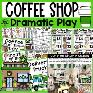 Coffee Shop Dramatic Play is a fun theme you can do in your pretend or dramatic play center for a family theme, community helper theme, or holiday! Ideas to make the coffee shop fit any holiday and season are included!