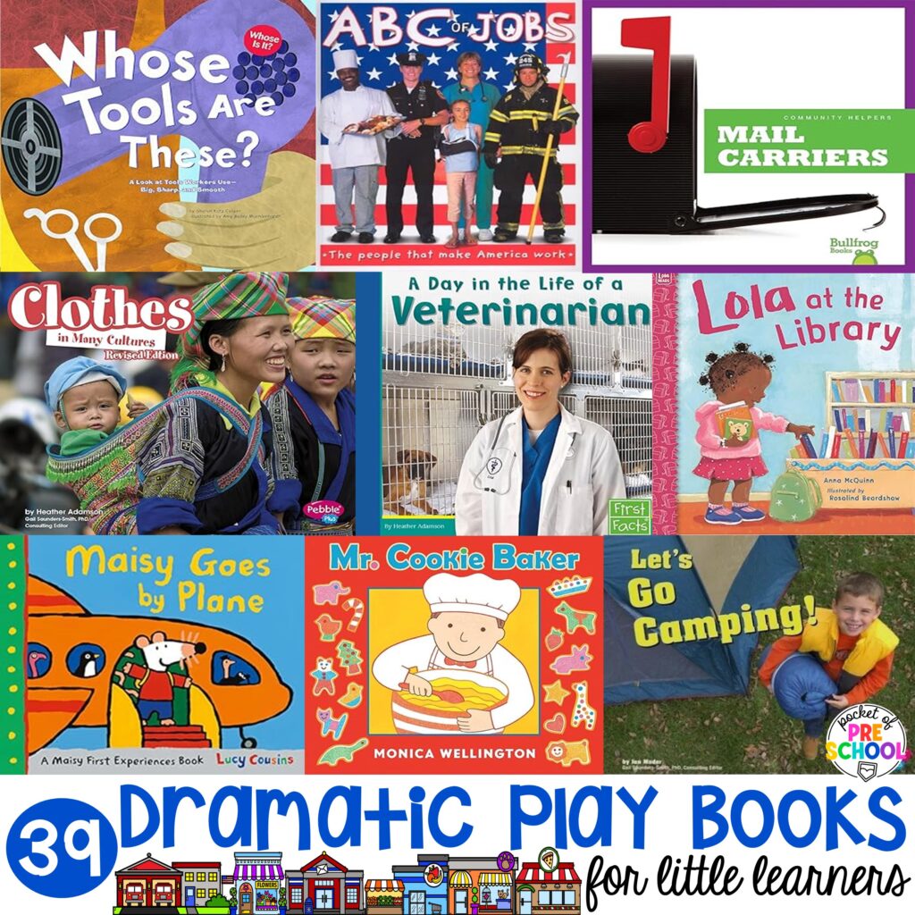 Dramatic play books for introducing the center, encouraging interactive play, and providing background knowledge to help preschool, pre-k, and kindergarten students grow and learn.