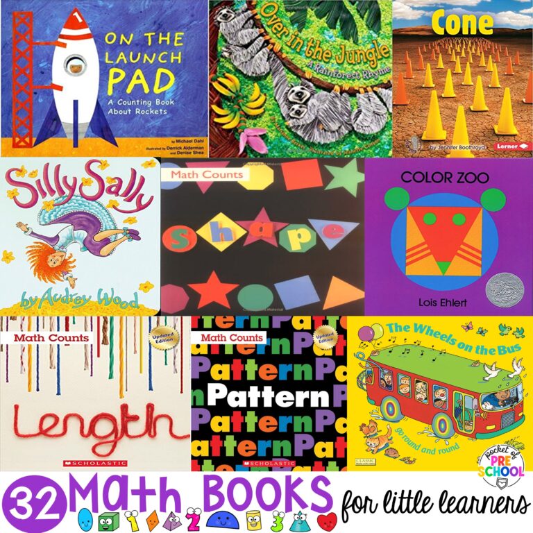 Math books that teach and engage preschool, pre-k, and kindergarten students in concepts like counting, patterns, colors, shapes, measurement, and more!