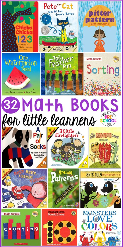 Math books that teach and engage preschool, pre-k, and kindergarten students in concepts like counting, patterns, colors, shapes, measurement, and more!