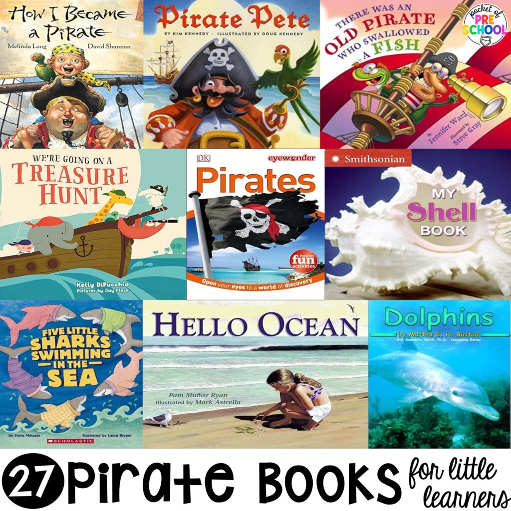 Pirate books to explore the ocean, treasure, and mermaids with your preschool, pre-k, or kindergarten students.