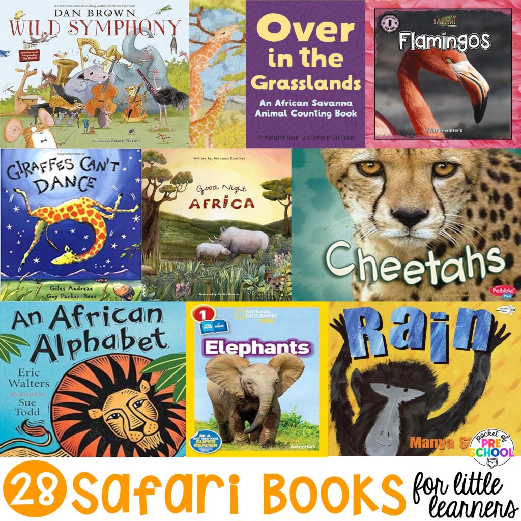 28 safari books to learn about the animals that live on the safari, savanna, or grasslands. These books are selected for preschool, pre-k, and kindergarten students.