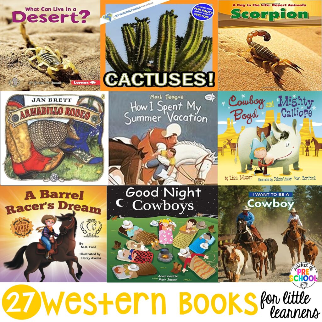 Western books for a cowboy or desert theme, handpicked for preschool, pre-k, and kindergarten students.