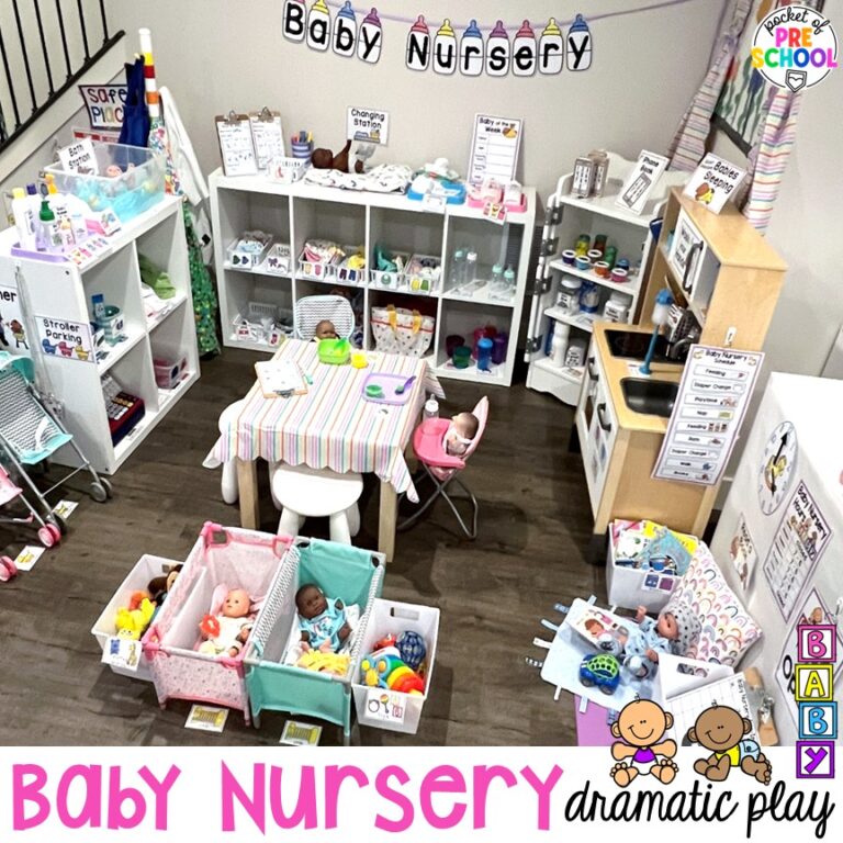 Baby nursery dramatic play set up is perfect for a family study, all about me theme, or a great universal pretend play theme for little learners.