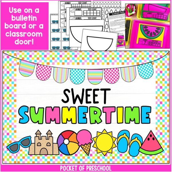 Create an adorable summer bulletin board for your preschool, pre-k, kindergarten, or first-grade classroom! It's the perfect display for the hallway, door, or classroom bulletin board.