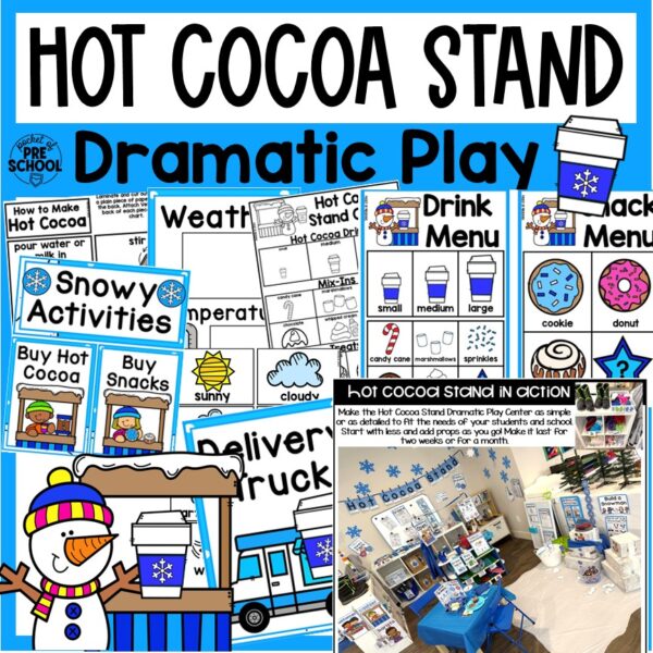 Hot Cocoa Stand Dramatic Play is a fun theme you can do in your pretend or dramatic play center for a family theme, community helper theme, or for the holidays and winter season!