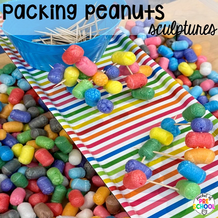 Packing Peanuts Sculptures! 18 3D art activities for preschool, pre-k, and kindergarten students to create, imagine, and develop fine motor skills!