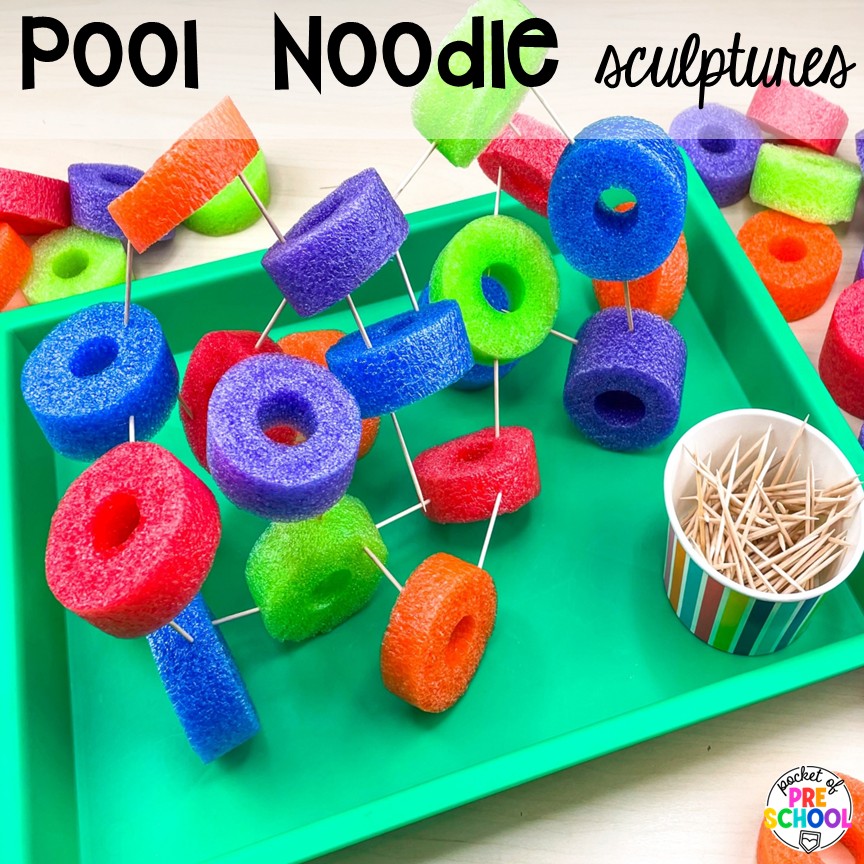 Pool Noodle Sculptures! 18 3D art activities for preschool, pre-k, and kindergarten students to create, imagine, and develop fine motor skills!