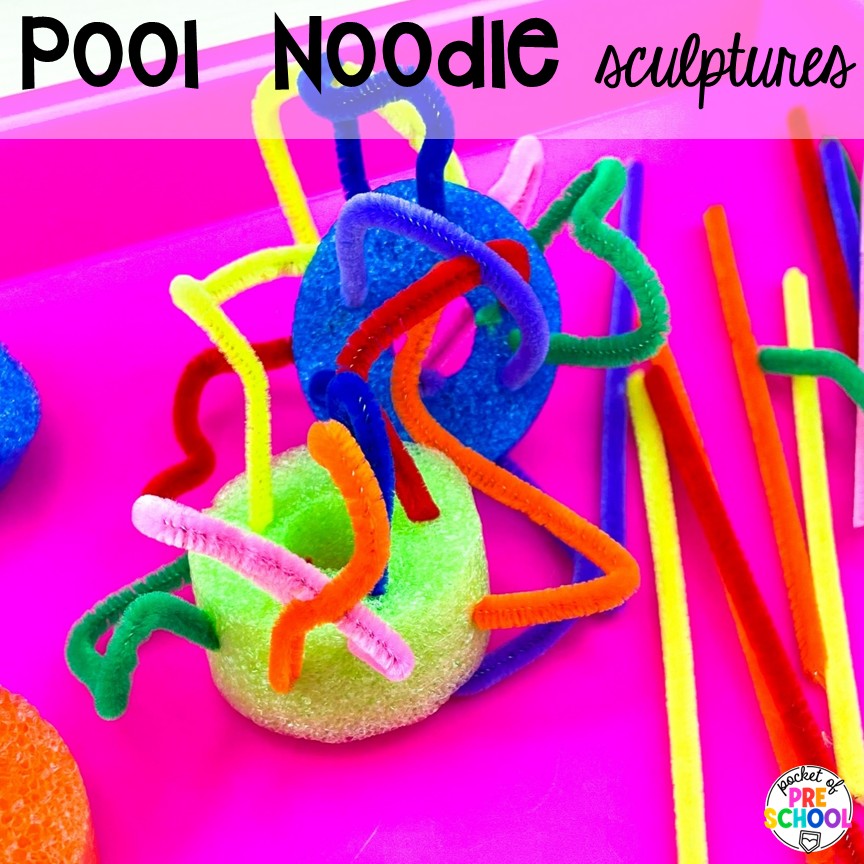 Pool Noodle Sculptures! 18 3D art activities for preschool, pre-k, and kindergarten students to create, imagine, and develop fine motor skills!