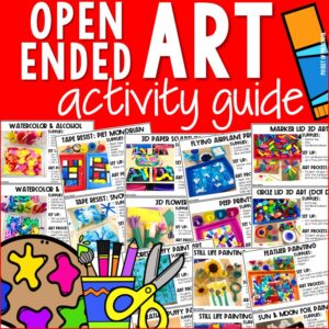 The open ended art guide is packed with over 150 art activity ideas created for preschool, pre-k, and kindergarten students.
