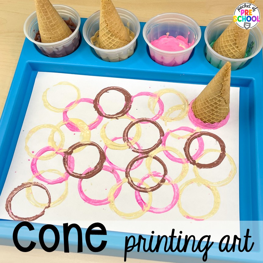 Open-Ended Summer Art Activities for Preschool, Pre-k, and Kindergarten 9 Cone printing art! Summer art activities for preschool, pre-k, and kindergarten students. There are ideas for various summer themes, including ice cream, chalk, citrus, airplanes, safari, zoo, and more!