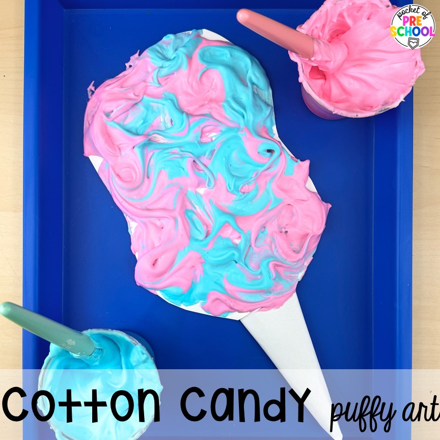 Open-Ended Summer Art Activities for Preschool, Pre-k, and Kindergarten 13 Cotton candy puffy art! Summer art activities for preschool, pre-k, and kindergarten students. There are ideas for various summer themes, including ice cream, chalk, citrus, airplanes, safari, zoo, and more!