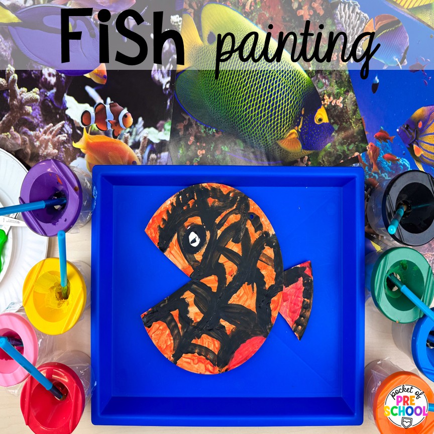 Open-Ended Summer Art Activities for Preschool, Pre-k, and Kindergarten 17 Fish painting! Summer art activities for preschool, pre-k, and kindergarten students. There are ideas for various summer themes, including ice cream, chalk, citrus, airplanes, safari, zoo, and more!