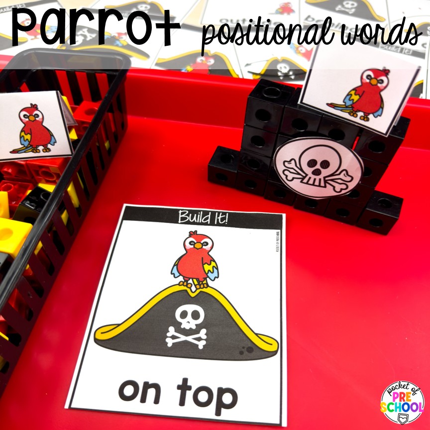 Pirate Activities for Preschool, Pre-K, and Kindergarten 19 Parrot positional words! Pirate activities for preschool, pre-k, and kindergarten students- ideas for literacy, math, science, fine motor, art, and more! These pirate and mermaid centers are perfect for a fun, summer theme!