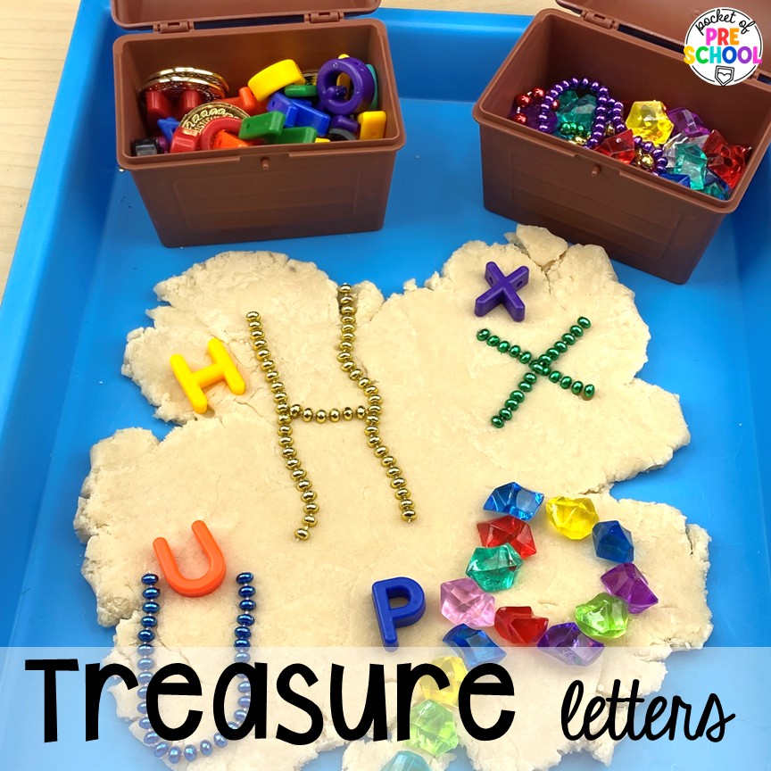 Pirate Activities for Preschool, Pre-K, and Kindergarten 23 Treasure letters! Pirate activities for preschool, pre-k, and kindergarten students- ideas for literacy, math, science, fine motor, art, and more! These pirate and mermaid centers are perfect for a fun, summer theme!