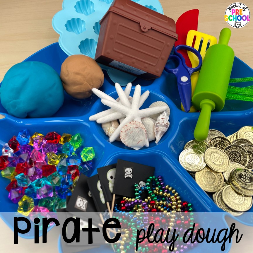 Pirate Activities for Preschool, Pre-K, and Kindergarten 26 Pirate play dough tray! Pirate activities for preschool, pre-k, and kindergarten students- ideas for literacy, math, science, fine motor, art, and more! These pirate and mermaid centers are perfect for a fun, summer theme!