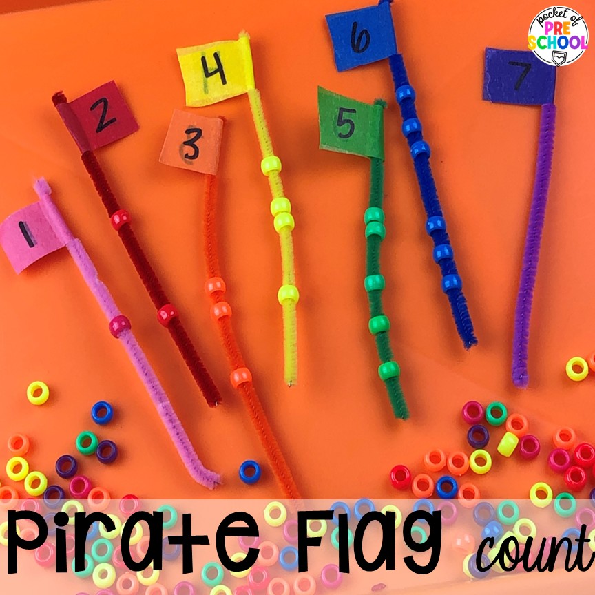 Pirate Activities for Preschool, Pre-K, and Kindergarten 14 Pirate flag count! Pirate activities for preschool, pre-k, and kindergarten students- ideas for literacy, math, science, fine motor, art, and more! These pirate and mermaid centers are perfect for a fun, summer theme!
