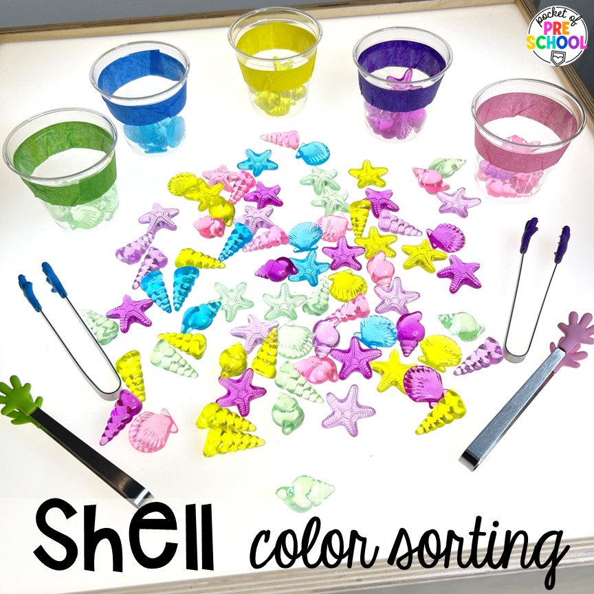 Pirate Activities for Preschool, Pre-K, and Kindergarten 18 Shell color sorting! Pirate activities for preschool, pre-k, and kindergarten students- ideas for literacy, math, science, fine motor, art, and more! These pirate and mermaid centers are perfect for a fun, summer theme!