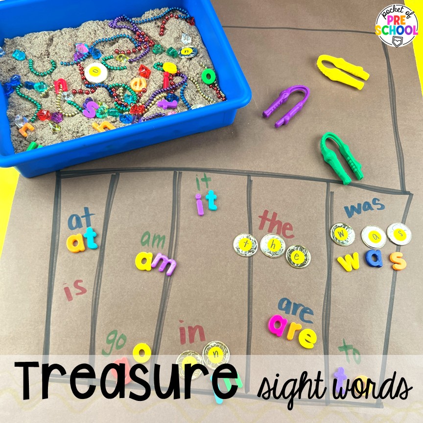 Pirate Activities for Preschool, Pre-K, and Kindergarten 7 Treasure sight words! Pirate activities for preschool, pre-k, and kindergarten students- ideas for literacy, math, science, fine motor, art, and more! These pirate and mermaid centers are perfect for a fun, summer theme!