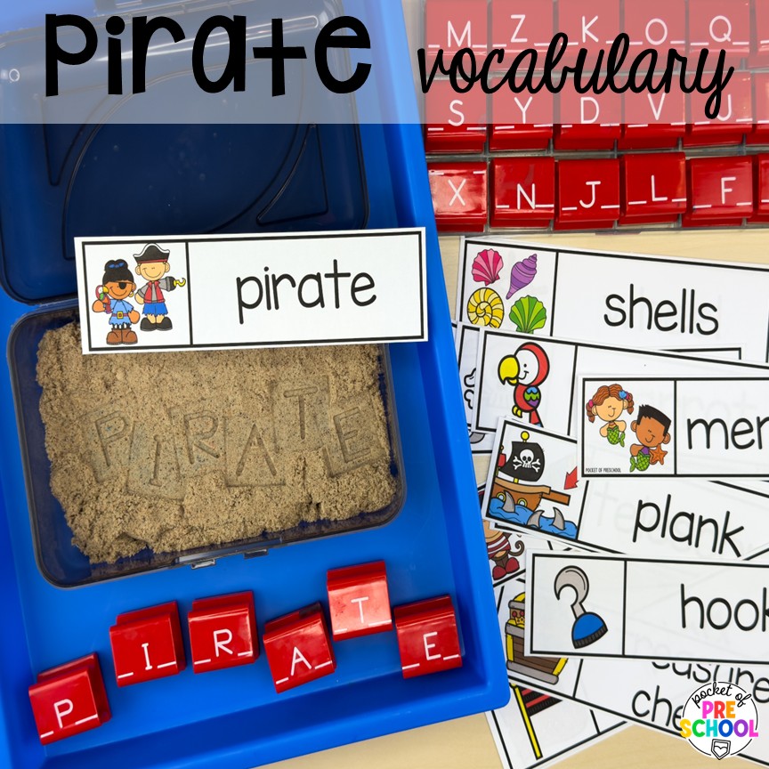 Pirate Activities for Preschool, Pre-K, and Kindergarten 3 Pirate vocabulary! Pirate activities for preschool, pre-k, and kindergarten students- ideas for literacy, math, science, fine motor, art, and more! These pirate and mermaid centers are perfect for a fun, summer theme!