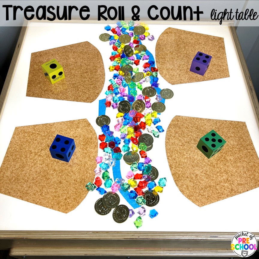 Pirate Activities for Preschool, Pre-K, and Kindergarten 16 Treasure roll & count light table! Pirate activities for preschool, pre-k, and kindergarten students- ideas for literacy, math, science, fine motor, art, and more! These pirate and mermaid centers are perfect for a fun, summer theme!