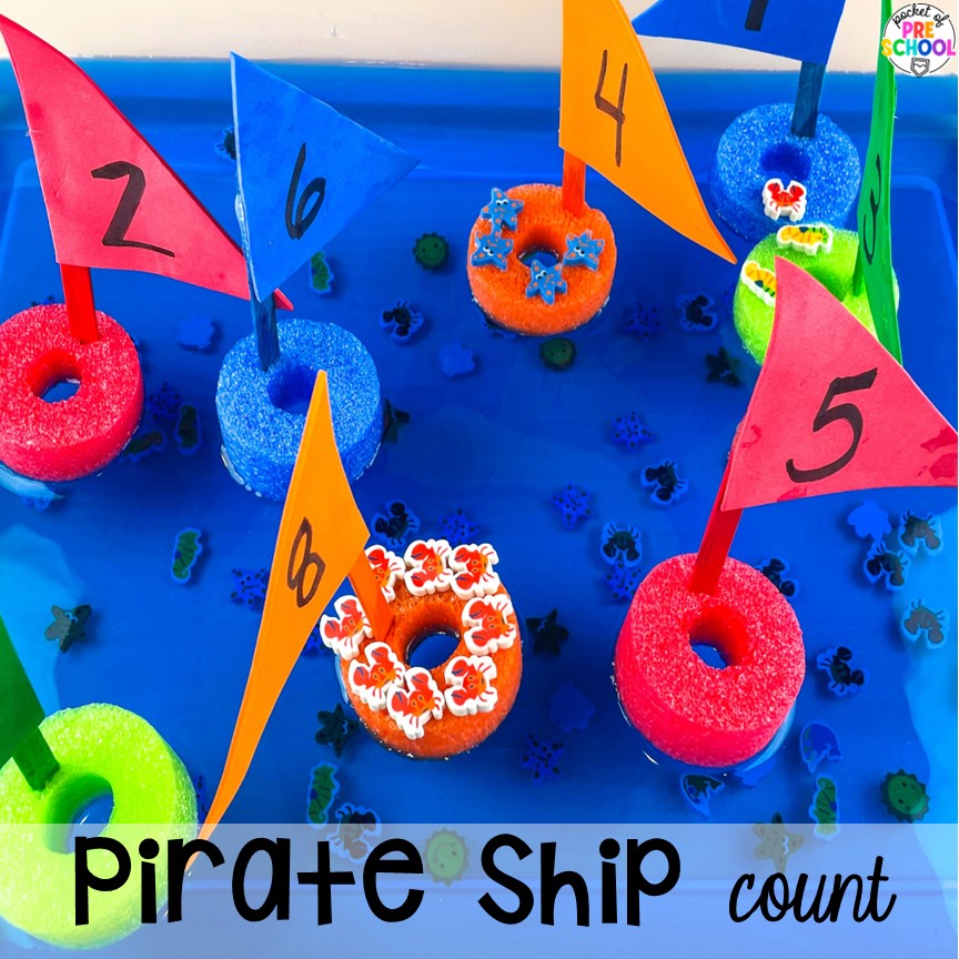 Pirate Activities for Preschool, Pre-K, and Kindergarten 20 Pirate ship count! Pirate activities for preschool, pre-k, and kindergarten students- ideas for literacy, math, science, fine motor, art, and more! These pirate and mermaid centers are perfect for a fun, summer theme!