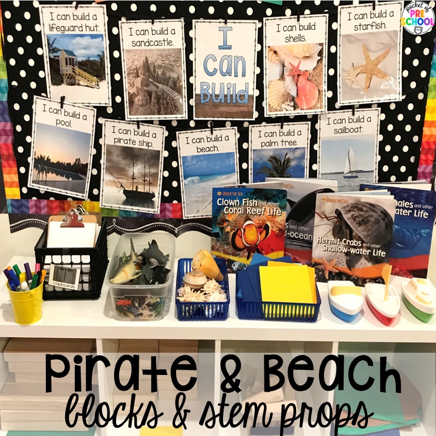 Pirate Activities for Preschool, Pre-K, and Kindergarten 30 Pirate & beach blocks & STEM props! Pirate activities for preschool, pre-k, and kindergarten students- ideas for literacy, math, science, fine motor, art, and more! These pirate and mermaid centers are perfect for a fun, summer theme!