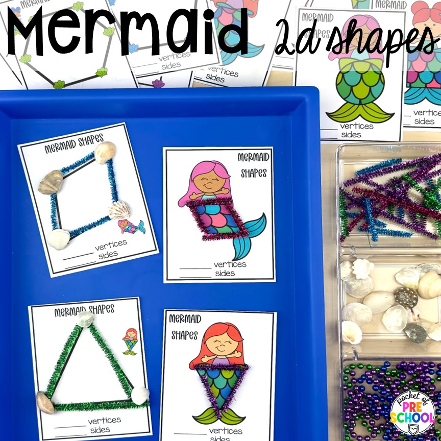 Pirate Activities for Preschool, Pre-K, and Kindergarten 13 Mermaid 2d shapes! Pirate activities for preschool, pre-k, and kindergarten students- ideas for literacy, math, science, fine motor, art, and more! These pirate and mermaid centers are perfect for a fun, summer theme!