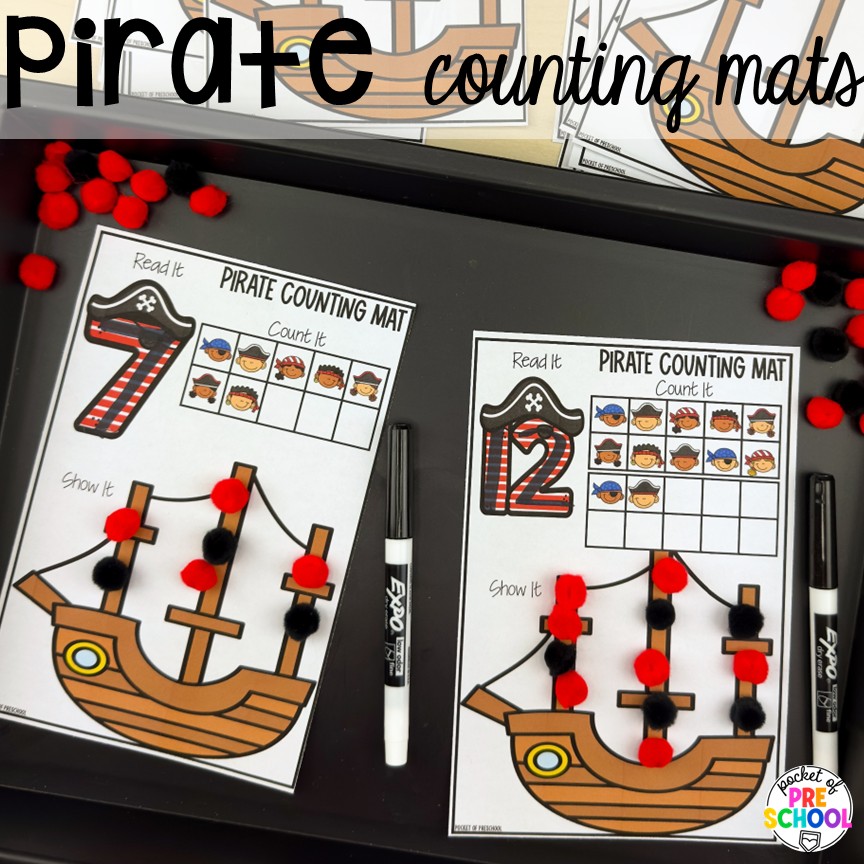 Pirate Activities for Preschool, Pre-K, and Kindergarten 15 Pirate counting mats! Pirate activities for preschool, pre-k, and kindergarten students- ideas for literacy, math, science, fine motor, art, and more! These pirate and mermaid centers are perfect for a fun, summer theme!