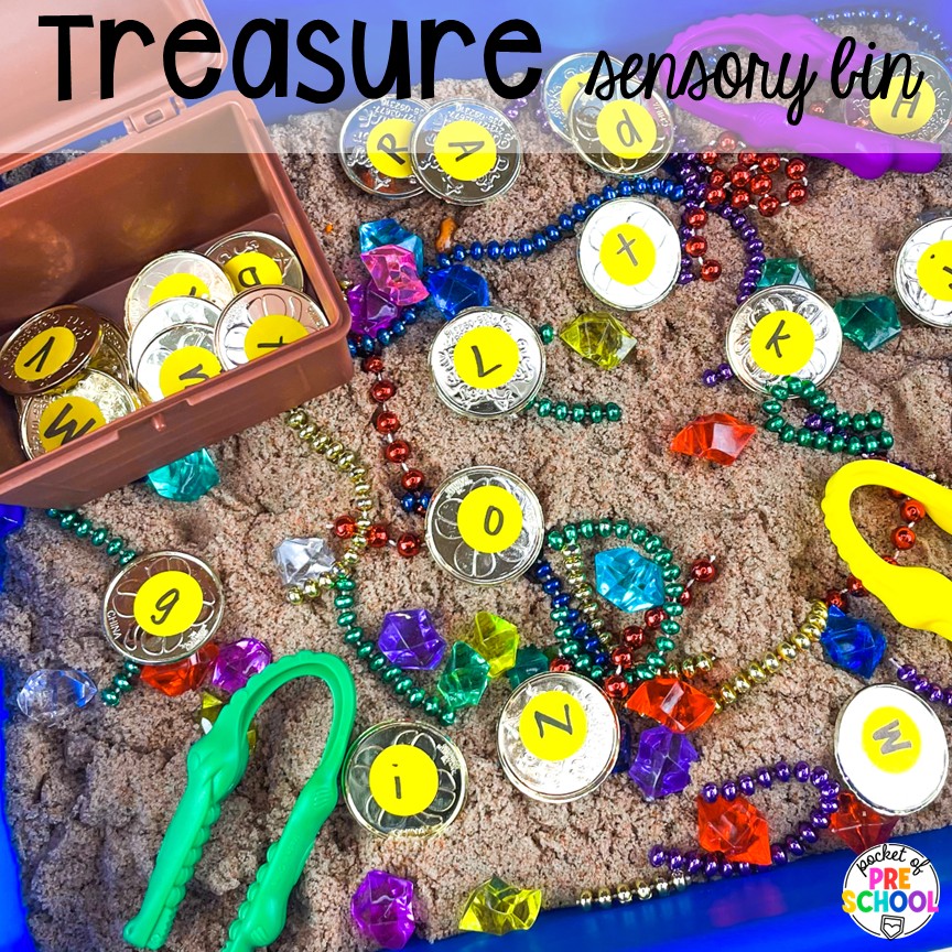 Pirate Activities for Preschool, Pre-K, and Kindergarten 25 Treasure sensory bin! Pirate activities for preschool, pre-k, and kindergarten students- ideas for literacy, math, science, fine motor, art, and more! These pirate and mermaid centers are perfect for a fun, summer theme!