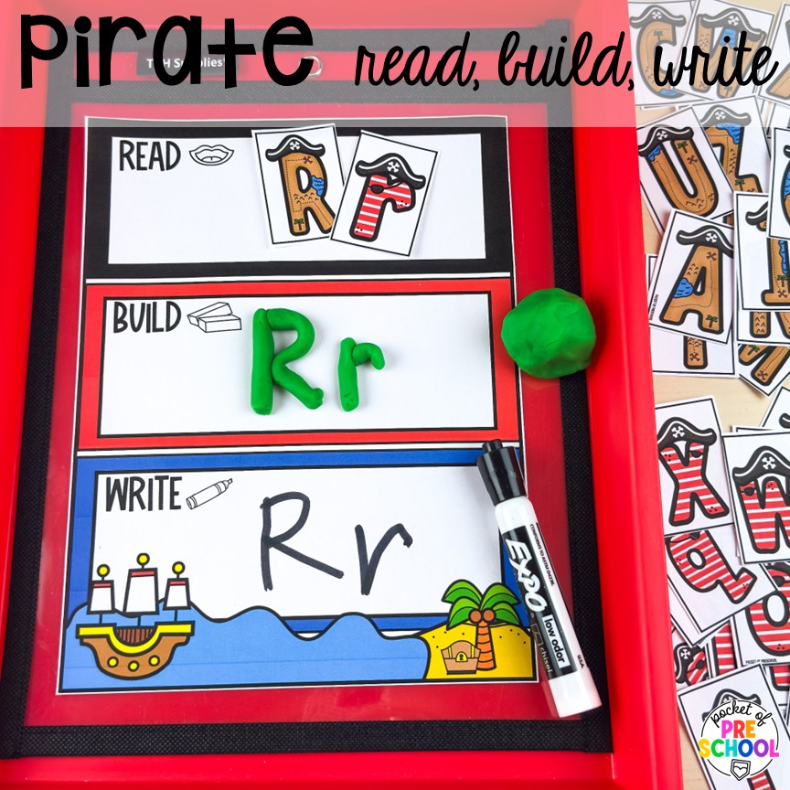 Pirate Activities for Preschool, Pre-K, and Kindergarten 4 Pirate read, build, write! Pirate activities for preschool, pre-k, and kindergarten students- ideas for literacy, math, science, fine motor, art, and more! These pirate and mermaid centers are perfect for a fun, summer theme!