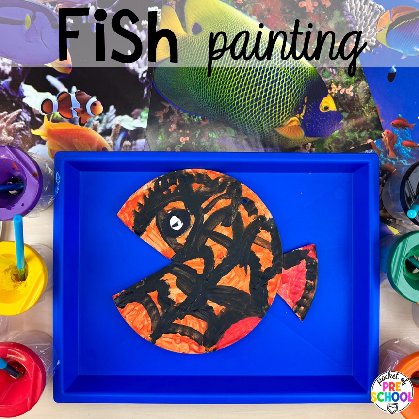 Pirate Activities for Preschool, Pre-K, and Kindergarten 28 Fish painting! Pirate activities for preschool, pre-k, and kindergarten students- ideas for literacy, math, science, fine motor, art, and more! These pirate and mermaid centers are perfect for a fun, summer theme!