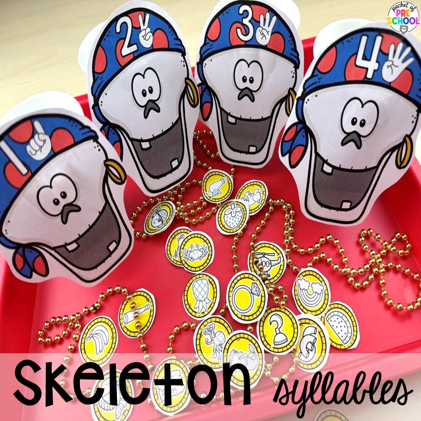 Pirate Activities for Preschool, Pre-K, and Kindergarten 8 Skeleton syllables! Pirate activities for preschool, pre-k, and kindergarten students- ideas for literacy, math, science, fine motor, art, and more! These pirate and mermaid centers are perfect for a fun, summer theme!