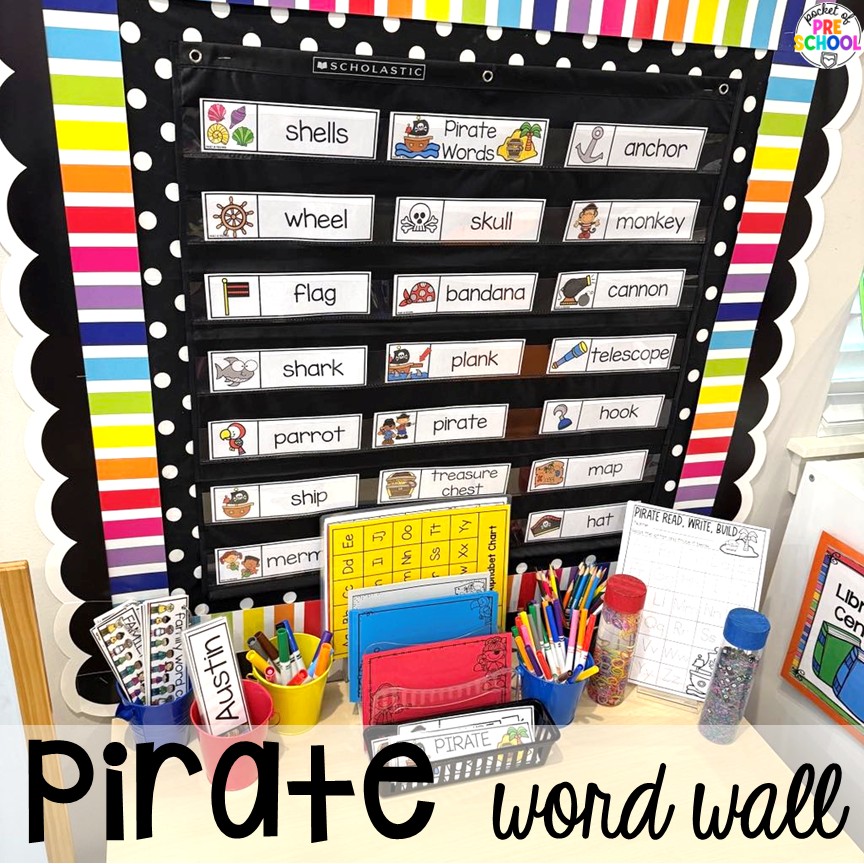 Pirate Activities for Preschool, Pre-K, and Kindergarten 6 Pirate word wall! Pirate activities for preschool, pre-k, and kindergarten students- ideas for literacy, math, science, fine motor, art, and more! These pirate and mermaid centers are perfect for a fun, summer theme!