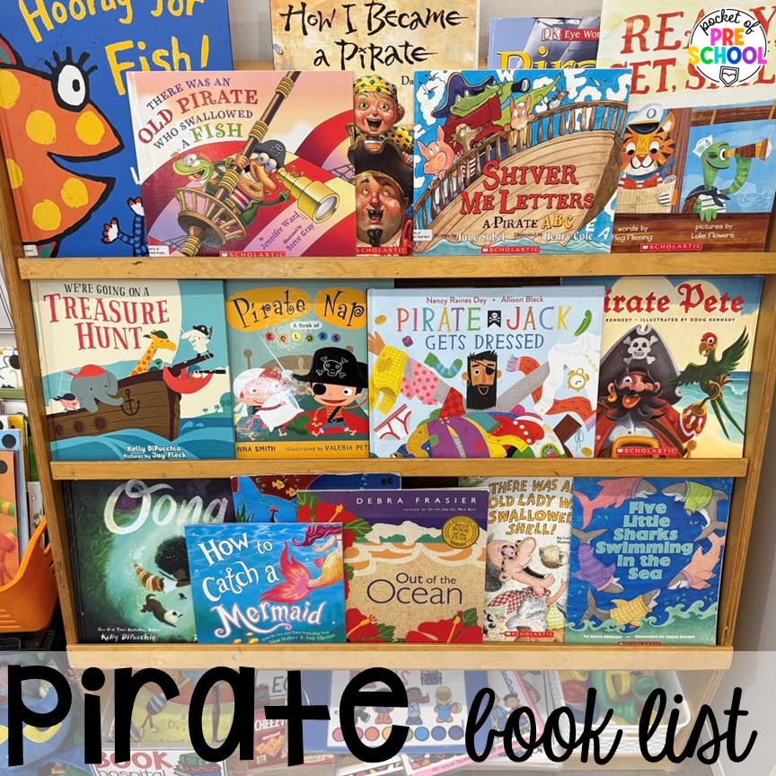 Pirate Activities for Preschool, Pre-K, and Kindergarten 5 Pirate book list! Pirate activities for preschool, pre-k, and kindergarten students- ideas for literacy, math, science, fine motor, art, and more! These pirate and mermaid centers are perfect for a fun, summer theme!
