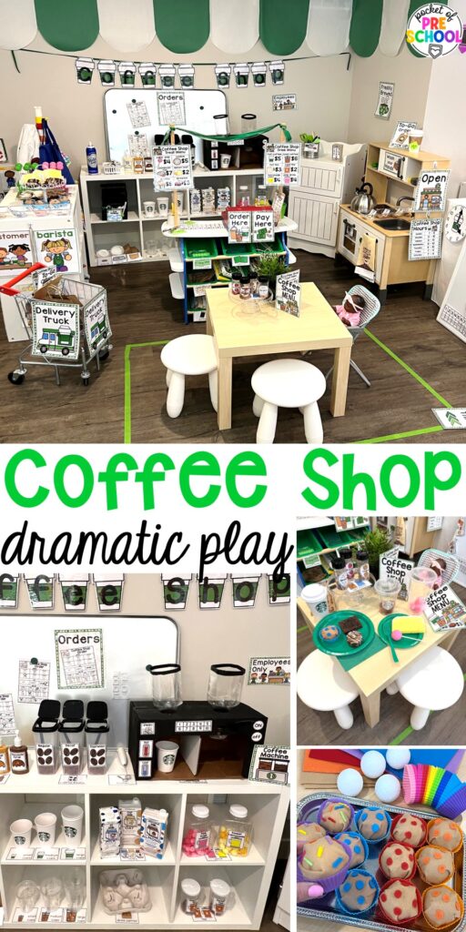 Coffee Shop Dramatic Play for Preschool, Pre-k, and Kindergarten 27 A coffee shop dramatic play is so much fun for preschool, pre-k, and kindergarten students. Plus, you can add in tons of math, literacy, science, and social skills into their play!