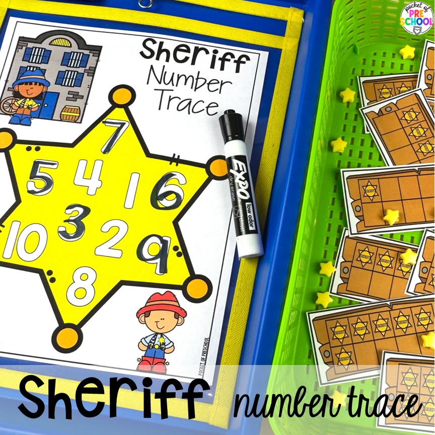Cowboy Activities & Centers for Preschool, Pre-k, and Kindergarten 21 Sheriff number trace! Cowboy activities & centers for a Western theme with your preschool, pre-k, and kindergarten students.