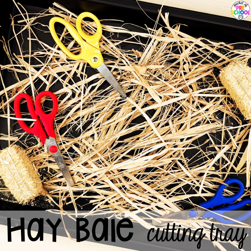 Cowboy Activities & Centers for Preschool, Pre-k, and Kindergarten 2 Hay bale cutting tray! Cowboy activities & centers for a Western theme with your preschool, pre-k, and kindergarten students.