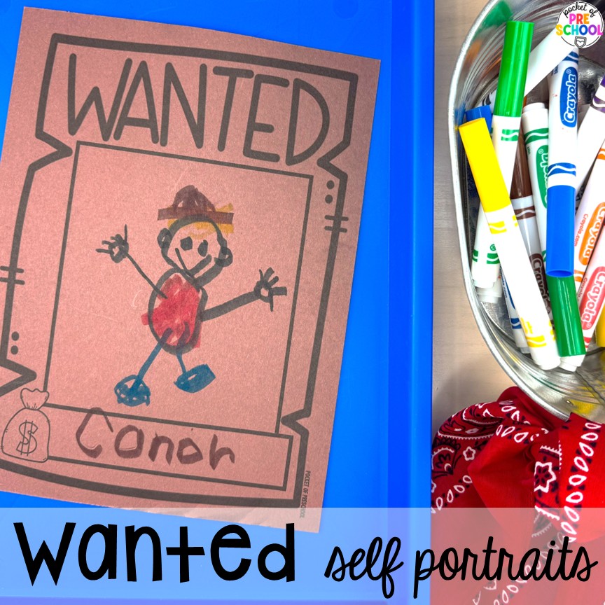Cowboy Activities & Centers for Preschool, Pre-k, and Kindergarten 5 Wanted self portrait! Cowboy activities & centers for a Western theme with your preschool, pre-k, and kindergarten students.