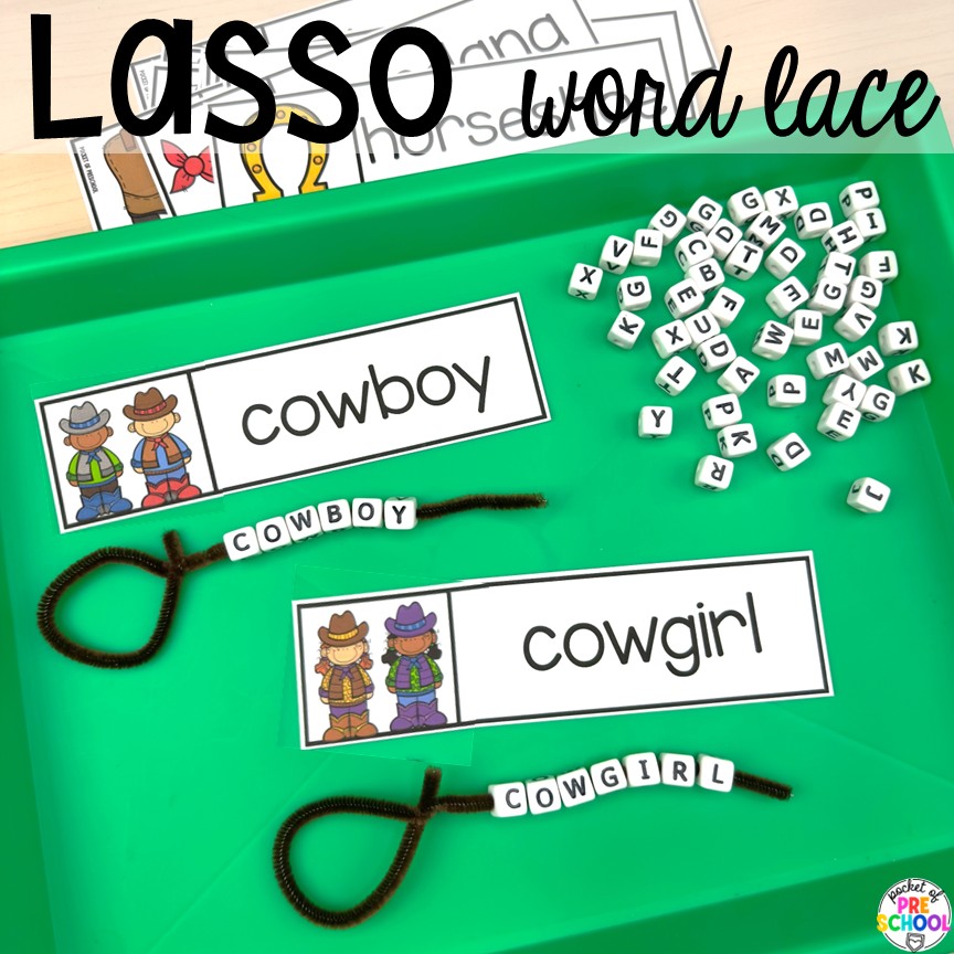 Cowboy Activities & Centers for Preschool, Pre-k, and Kindergarten 6 Lasso word lace! Cowboy activities & centers for a Western theme with your preschool, pre-k, and kindergarten students.