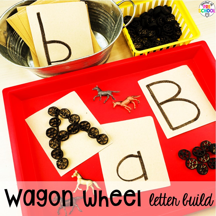 Cowboy Activities & Centers for Preschool, Pre-k, and Kindergarten 11 Wagon wheel letter build! Cowboy activities & centers for a Western theme with your preschool, pre-k, and kindergarten students.