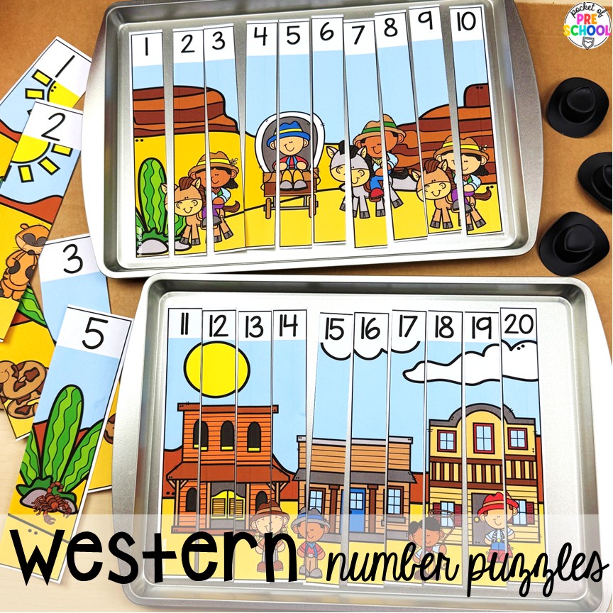 Cowboy Activities & Centers for Preschool, Pre-k, and Kindergarten 20 Western number puzzles! Cowboy activities & centers for a Western theme with your preschool, pre-k, and kindergarten students.