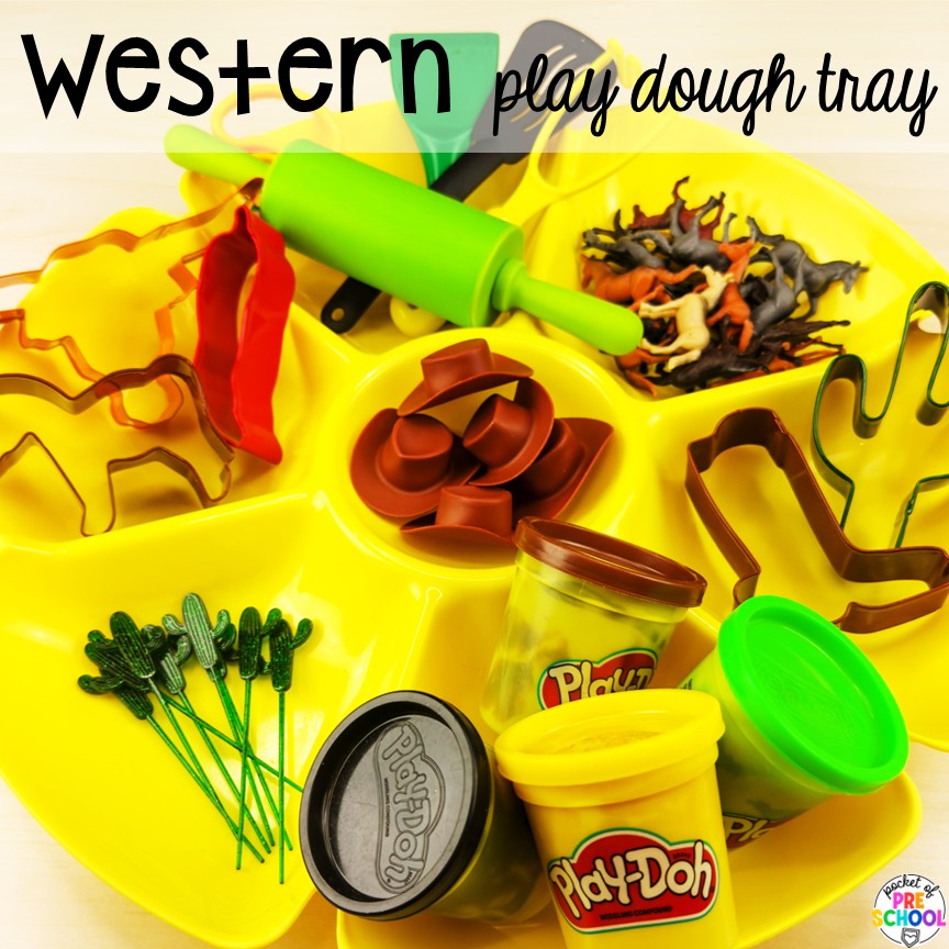 Cowboy Activities & Centers for Preschool, Pre-k, and Kindergarten 26 Western play dough tray! Cowboy activities & centers for a Western theme with your preschool, pre-k, and kindergarten students.