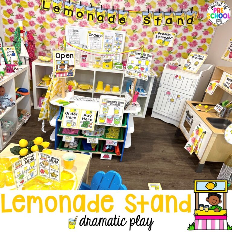 Set up a lemonade stand in your pretend area for a cute drink shop that combines learning and play!