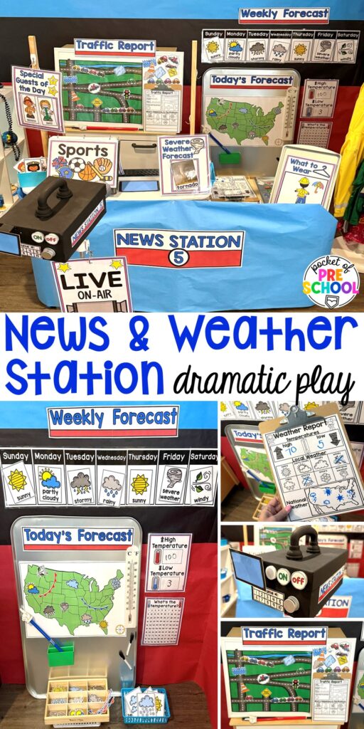 News & Weather Station Dramatic Play for Preschool, Pre-k, and Kindergarten 26 Report on breaking news in the news and weather station dramatic play center! Preschool, pre-k, and kindergarten students will love exploring and learning in this pretend area.