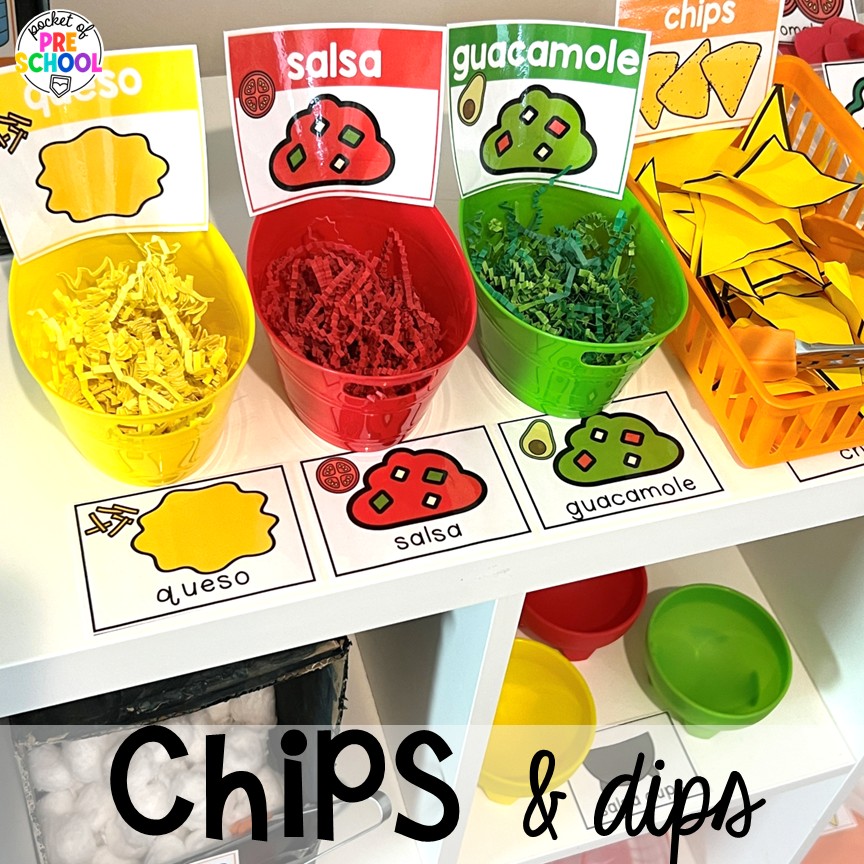 Chips and dips! Transform your dramatic play area into a taco truck for a fun fiesta! Students can order, make food, or be the cashier while they pretend and play with their peers.