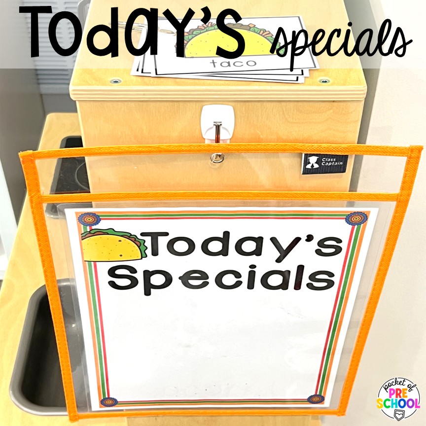 Today's specials! Transform your dramatic play area into a taco truck for a fun fiesta! Students can order, make food, or be the cashier while they pretend and play with their peers.